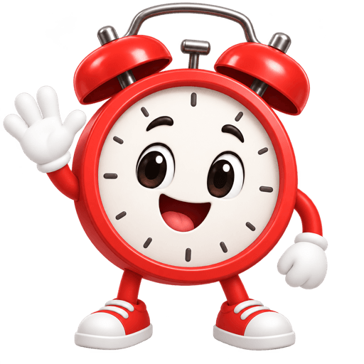 Hugo, the red alarm clock with a face, waving